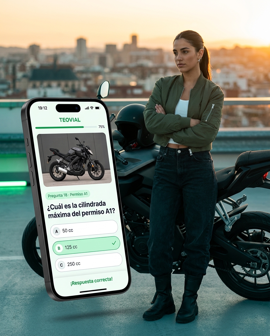App TEOVIAL Permiso A1: pregunta sobre cilindrada máxima con respuesta correcta 125 cc
