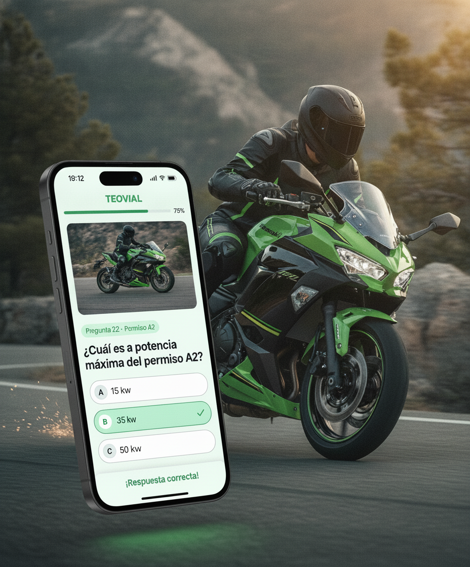 Moto Kawasaki Ninja 650 tumbando agresivamente en una curva de montaña al atardecer