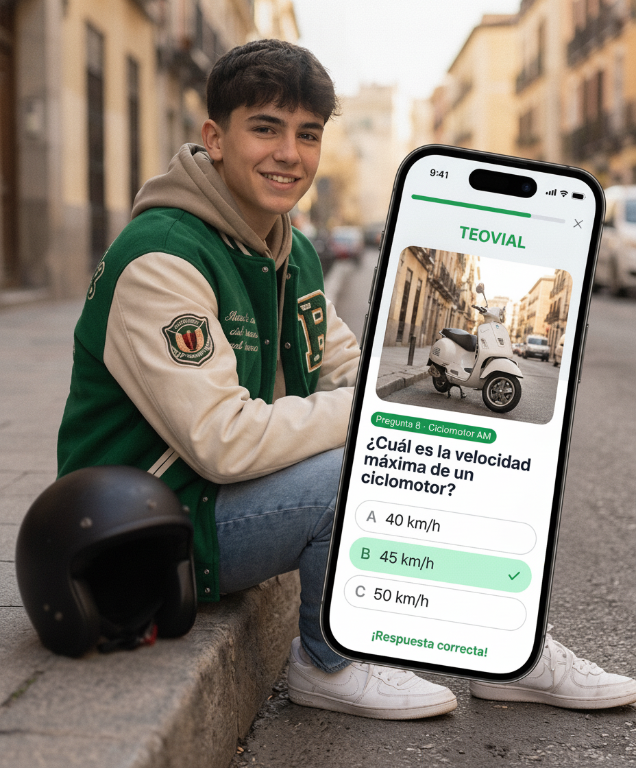 App TEOVIAL Permiso AM: pregunta sobre velocidad de ciclomotor con respuesta correcta 45 km/h