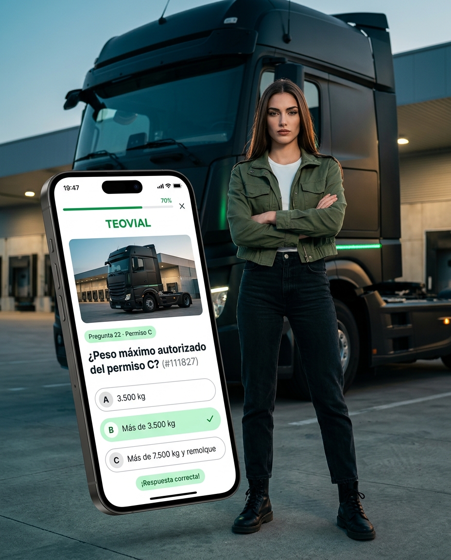 App TEOVIAL Permiso C: pregunta sobre peso máximo autorizado del carnet de camión