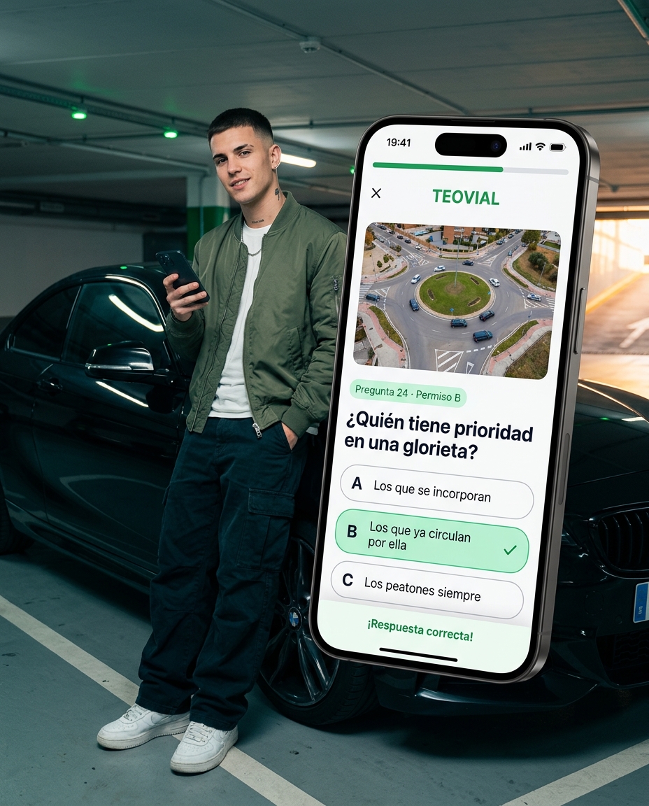 App TEOVIAL Permiso B: ruta de aprendizaje gamificada estilo Duolingo con tutor humano en directo